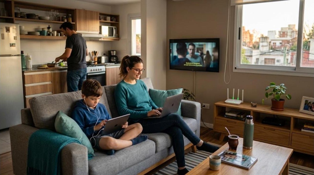 Una familia conectada en el living de su casa